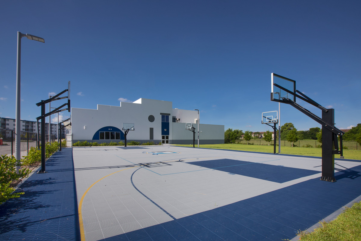 Architectural view of the basketball court at Pinecrest prep charter k-12 school in Miami.